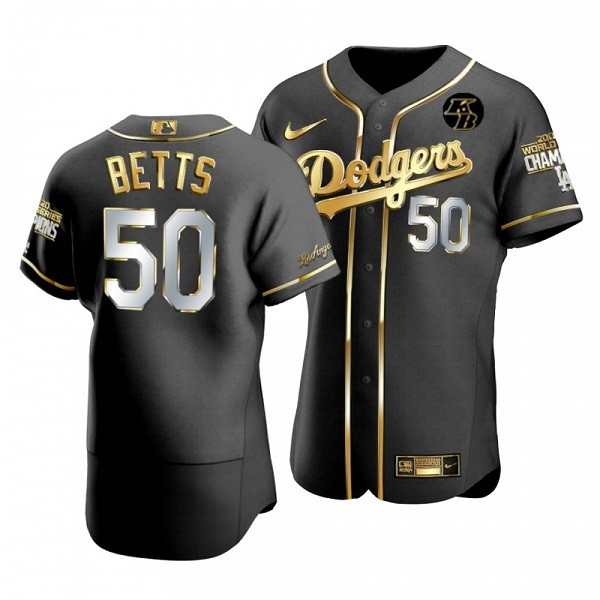 Women's Los Angeles Dodgers #50 Mookie Betts 2020 World Series Champions Black Golden Stitched Jersey(Run Small)